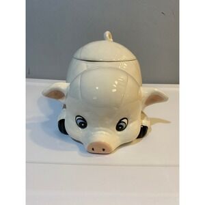 Vintage Ceramic Pig Cookie Jar Reclining Farmhouse Kitchen Canister